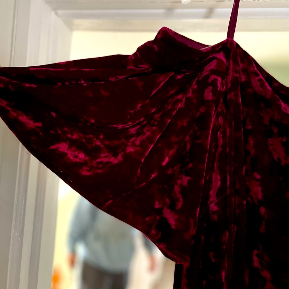 Off the shoulder Flutter sleeve Wine Velvet MIDI Dress